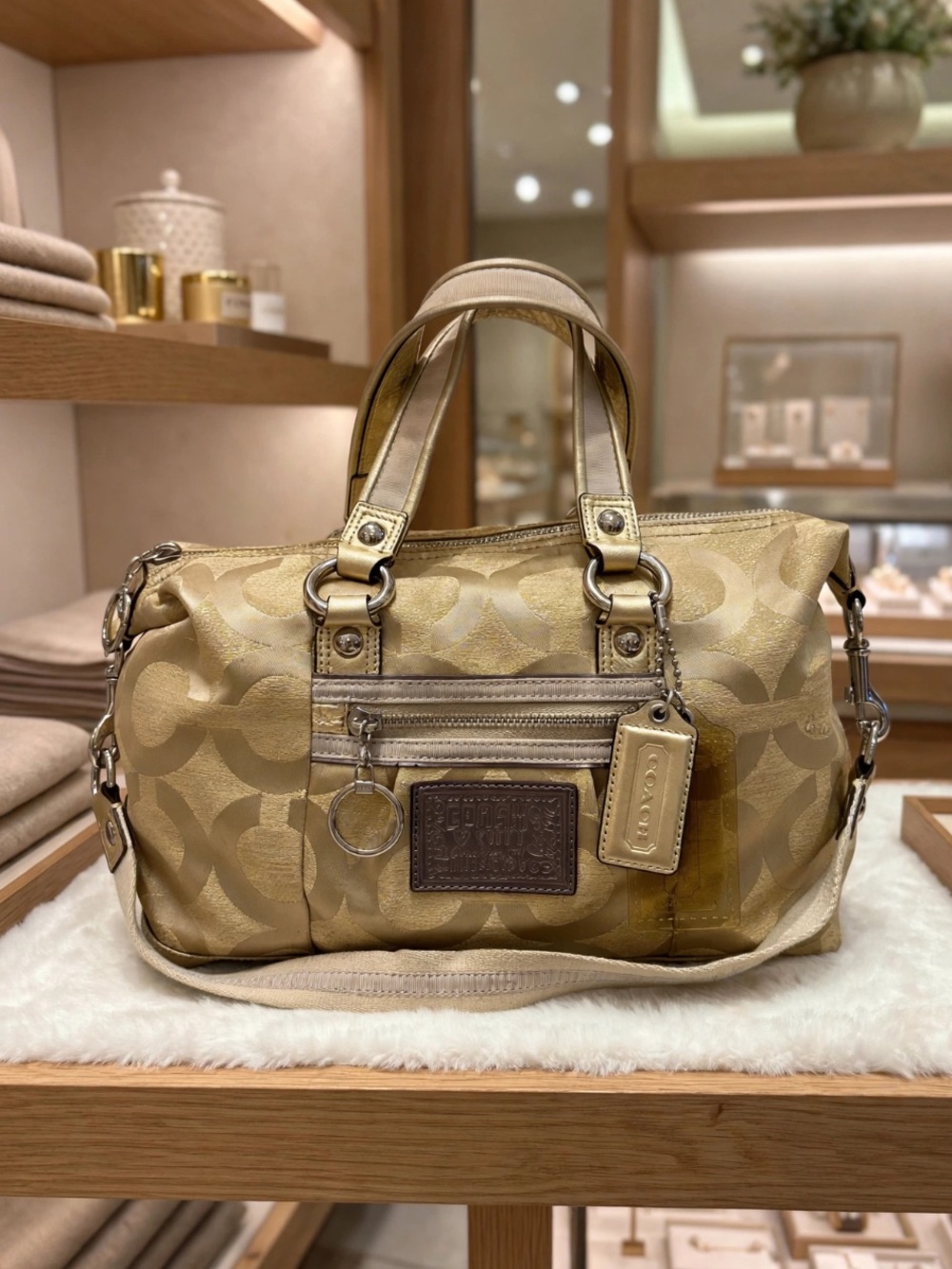 Coach Poppy Metallic Gold Signature Satchel with Leather Trim